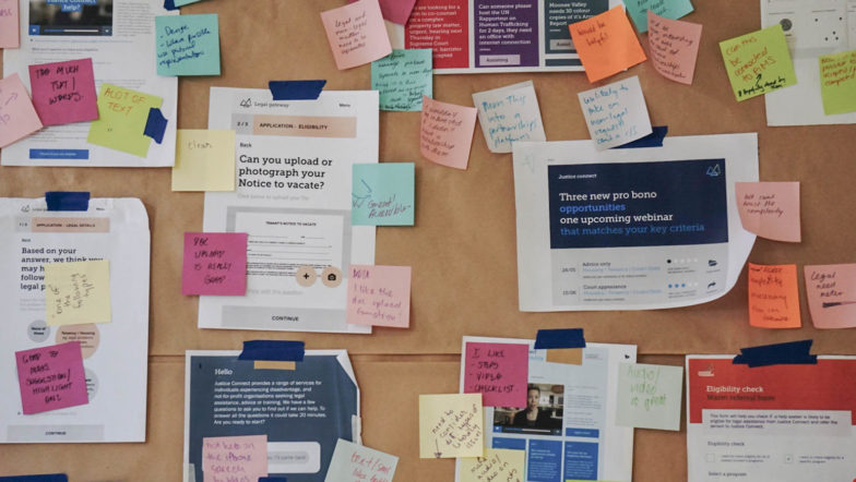 Post-it notes showing the design phase of our legal help gateway
